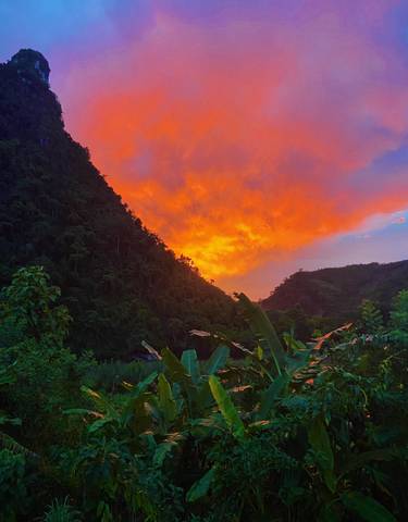 Vivid sunset behind lush green hills