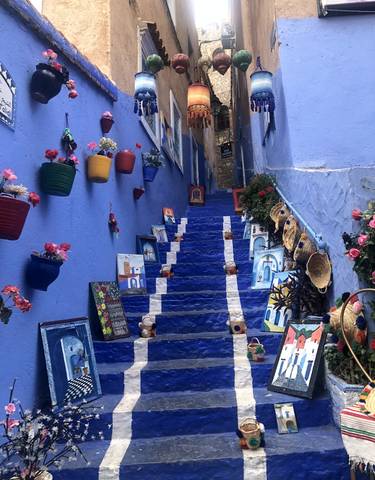 A brightly painted staircase adorned with colorful pots and art in a narrow alley.