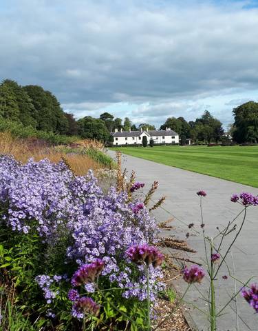 Beautiful garden path with vibrant flowers leading to a distant building.