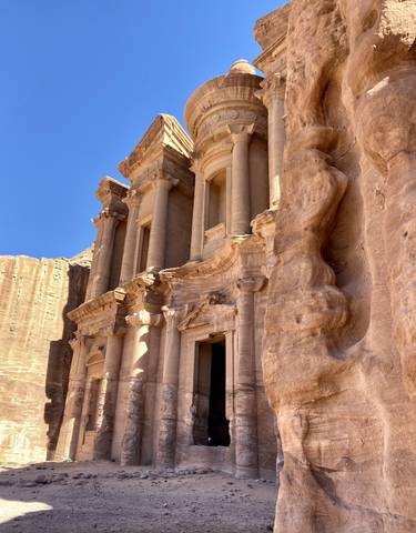 Detailed view of the Al-Khazneh facade in Petra.