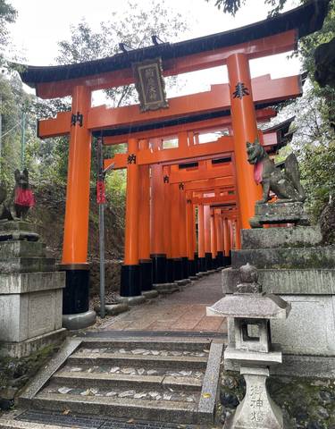 Pathway lined with orange torii gates and statues