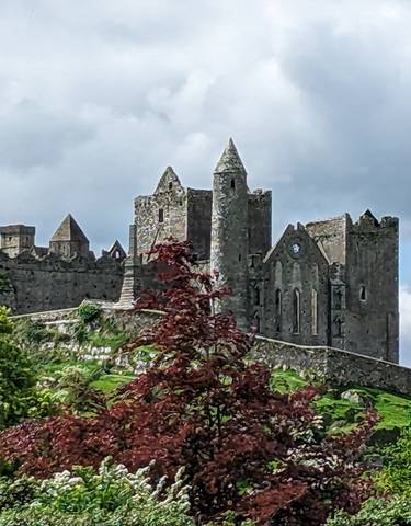 Ancient stone castle on a hill with lush greenery.