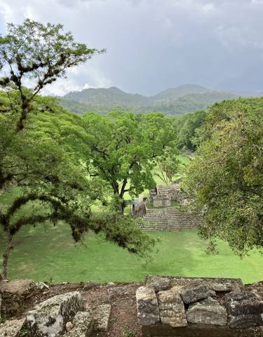 Ancient ruins amidst green trees with a mountain backdrop.