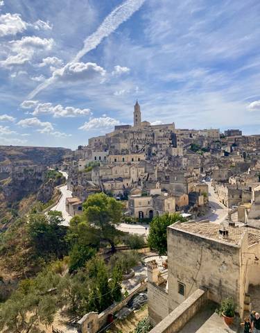 Panoramic view of the ancient city Matera with historic buildings.