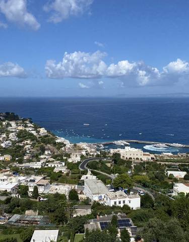Coastal town with white buildings overlooking the blue sea under a clear sky.