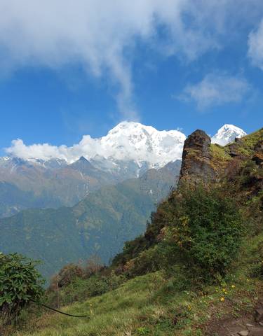 Snow-capped mountains under a clear blue sky.