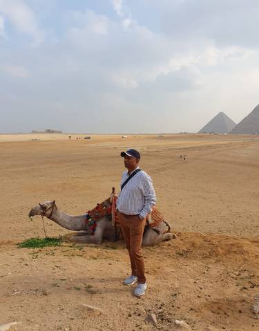 Person on a camel with pyramids in the background.