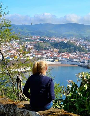 Person overlooking coastal town with mountains in the background.