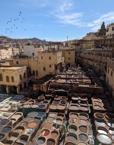 Traditional tannery with large basins.