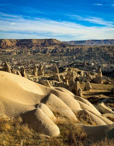 Aerial view of Cappadocia's whimsical fairy chimney rock formations.