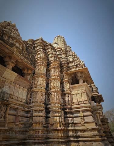 Close-up of a temple's detailed carvings in Khajuraho.