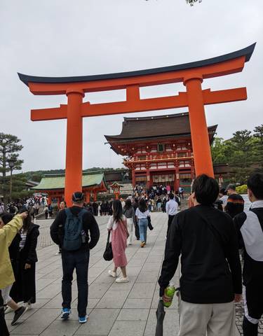 Crowded entrance of a Shinto shrine with a large torii gate.