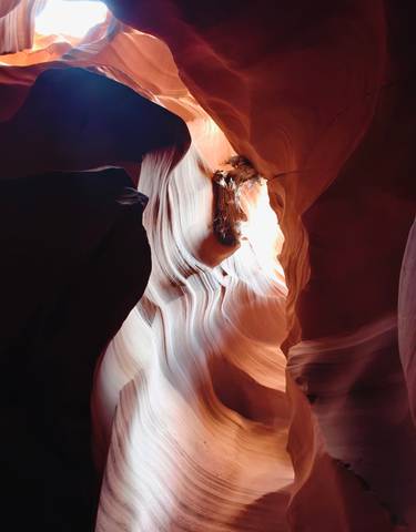 Interior of a canyon with smooth red rocks and light filtering through.