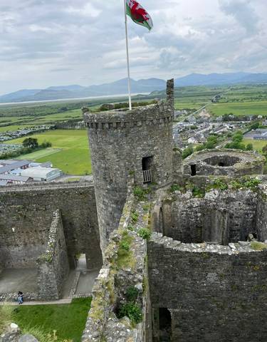 Aerial view of an ancient stone castle with surrounding landscape.