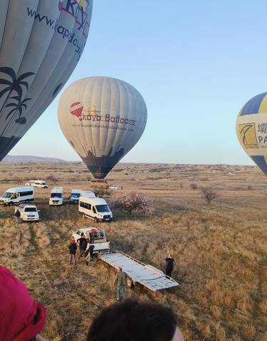 Hot air balloons preparing for takeoff over grassy fields