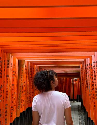 Person standing in a tunnel of red torii gates.