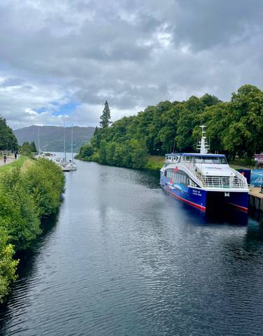 A large ferry docked on a river with surrounding greenery.