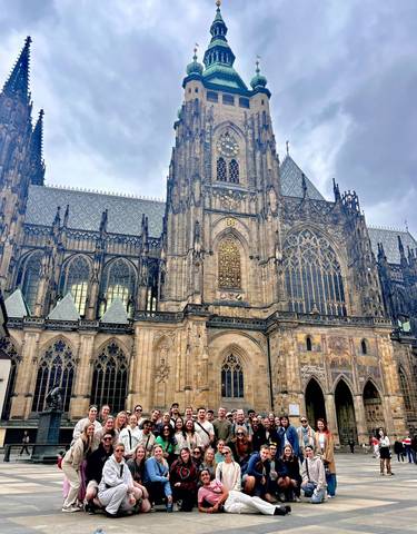 Detailed view of a Gothic-style cathedral.