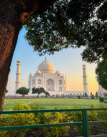 Taj Mahal framed by trees at sunset with clear orange sky.