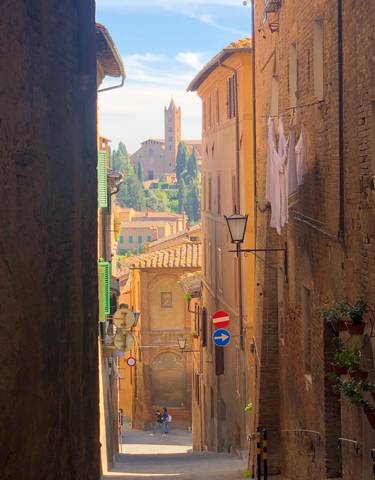 Narrow alleys of a historical town with a distant view.