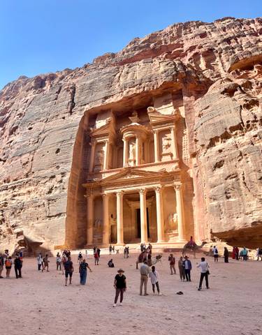 The Treasury at Petra carved into a sandstone cliff