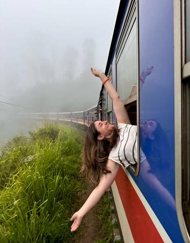 Person leaning out of a train window with arms raised.