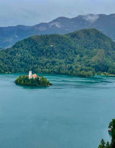 Island with a church in the middle of a lake surrounded by forest.