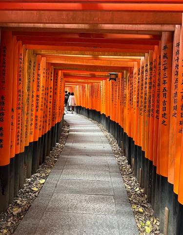 Pathway through Fushimi Inari Shrine with orange torii gates and people.