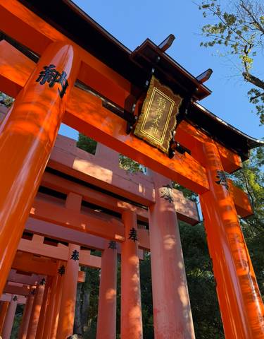 Close-up of bright orange torii gate with inscriptions.