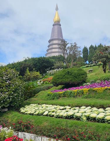 Gardens and pagoda on a hillside.