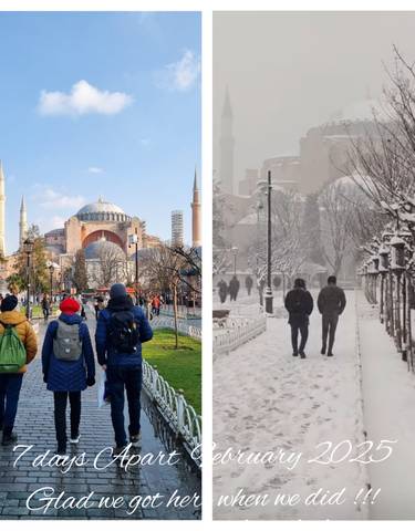 Two images showing Hagia Sophia in different seasons, with people strolling around.