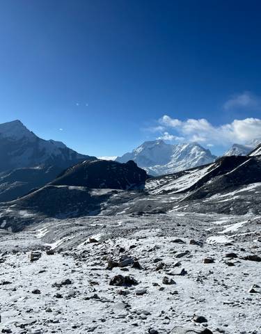 Snow-capped mountains and rugged terrain in the Himalayas.