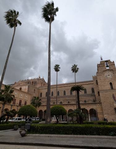 Historic building with clock tower and palm trees under a cloudy sky.