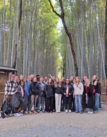 Group of people posing in a bamboo forest.