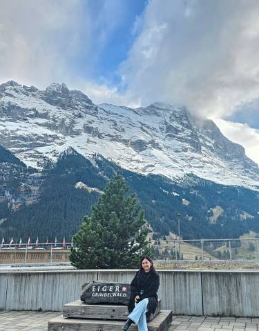 Snow-capped mountain range with pine trees in the foreground.