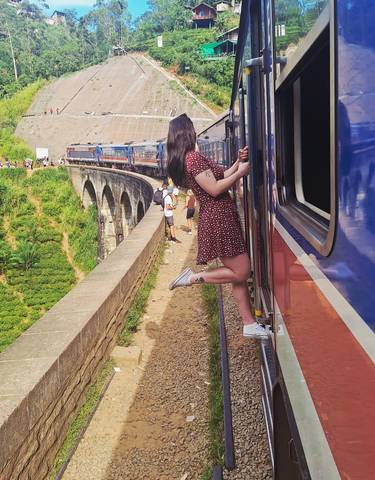 People leaning out of a train traveling over a scenic viaduct.