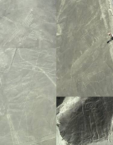 Aerial view of Nazca lines in a desert landscape.