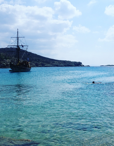 Man swimming in the sea with a boat near an island.