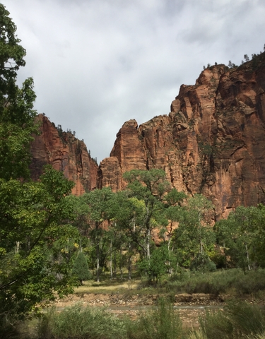 Tall red rock formations in a green forest setting.