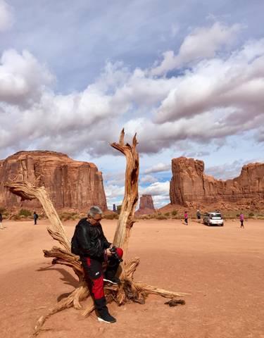 Tourists and cars amidst rock formations in a desert landscape.