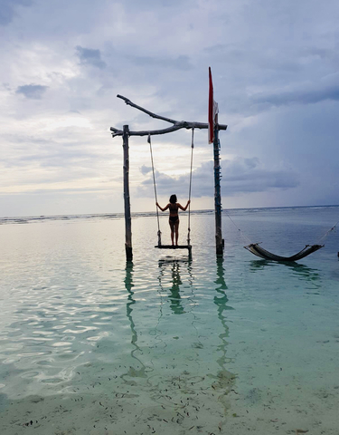 Person on a swing over the ocean at sunset.
