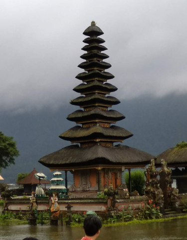 Traditional temple structure against a cloudy sky.