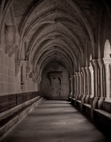 Cloister with arched columns in a historic building.
