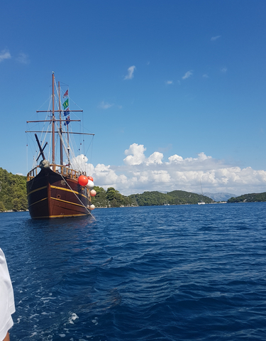 Majestic ship on blue waters with scenic background.