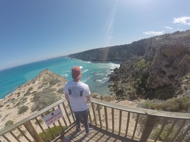       Person standing on a coastal lookout with the ocean and cliffs.
  