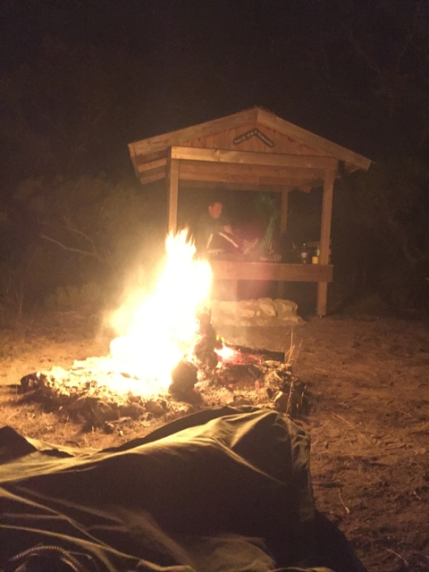       People relaxing by a campfire at night in a natural setting.
  