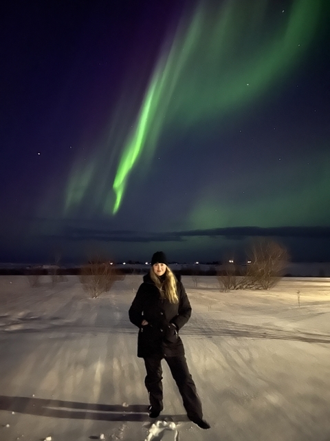       Person with aurora borealis in the background.
  