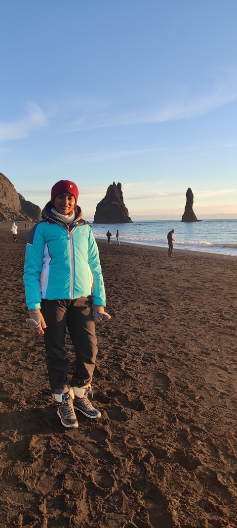       Person on a black sand beach with rock formations in the background
  