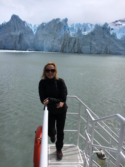       Person leaning on a boat railing with glacier in the distance.
  