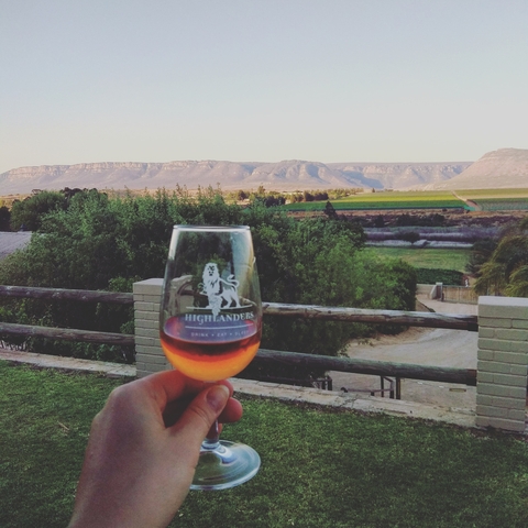       A glass of wine with a scenic mountain view in the background.
  